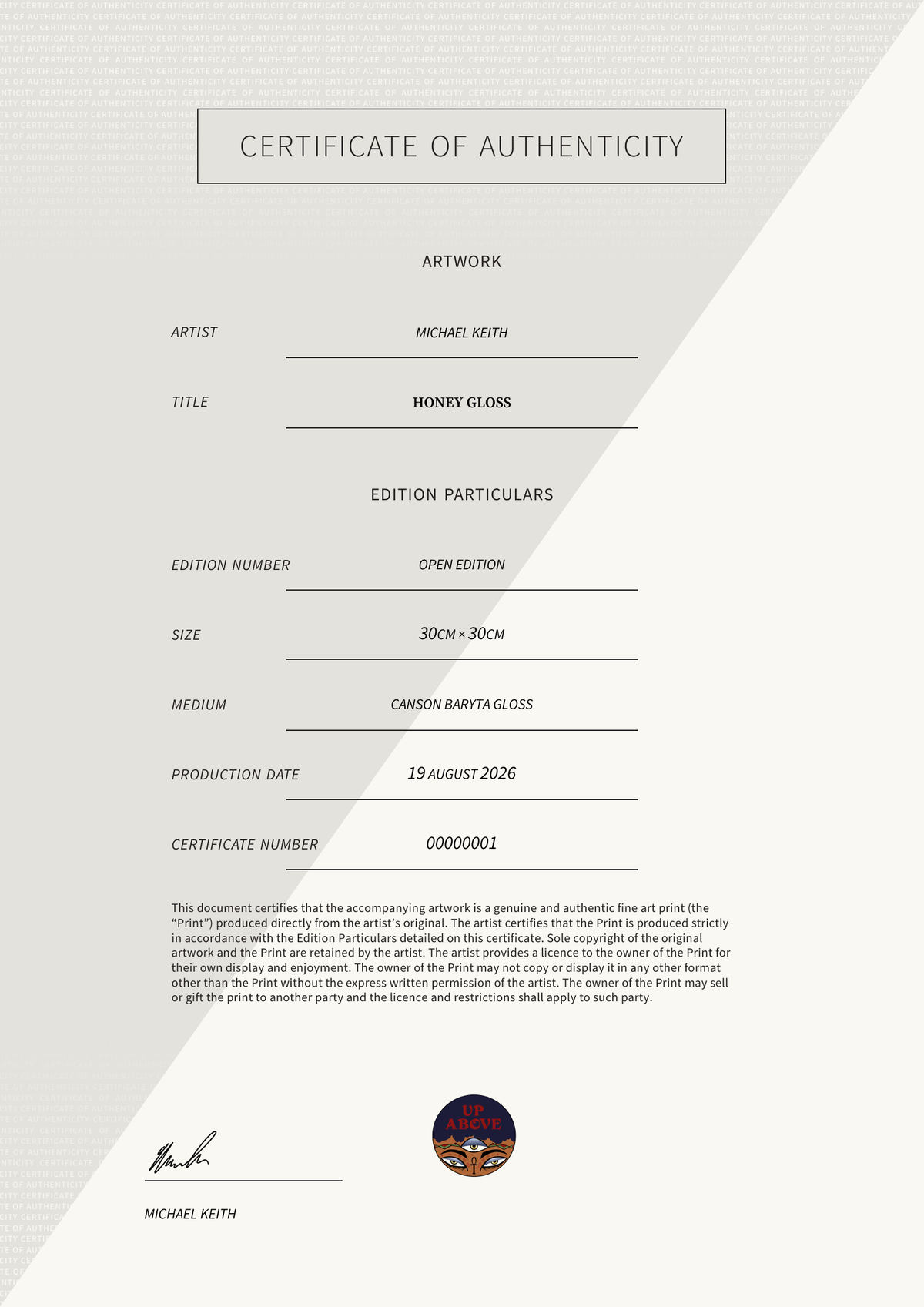 Honey Gloss — Certificate of Authenticity