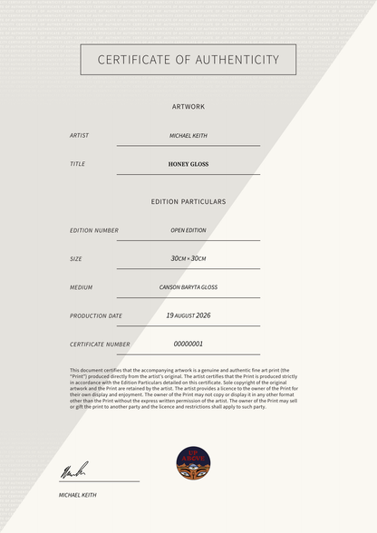 Honey Gloss — Certificate of Authenticity